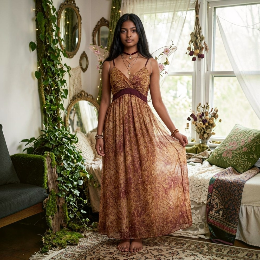 Mlle Gabrielle Maxi Dress Brown Abstractβ Empire Waist Fairy Cottagecore Boho Sm
